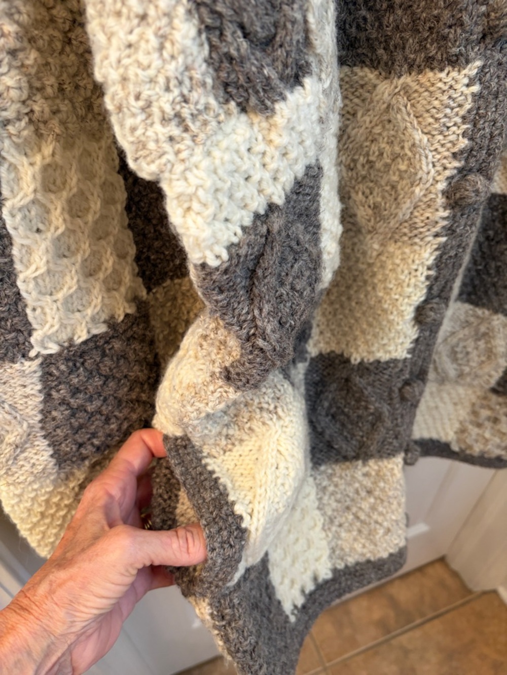 Irish Knit Chunky Patchwork Cardigan Coat - Gray & Cream - Picture 4 of 7